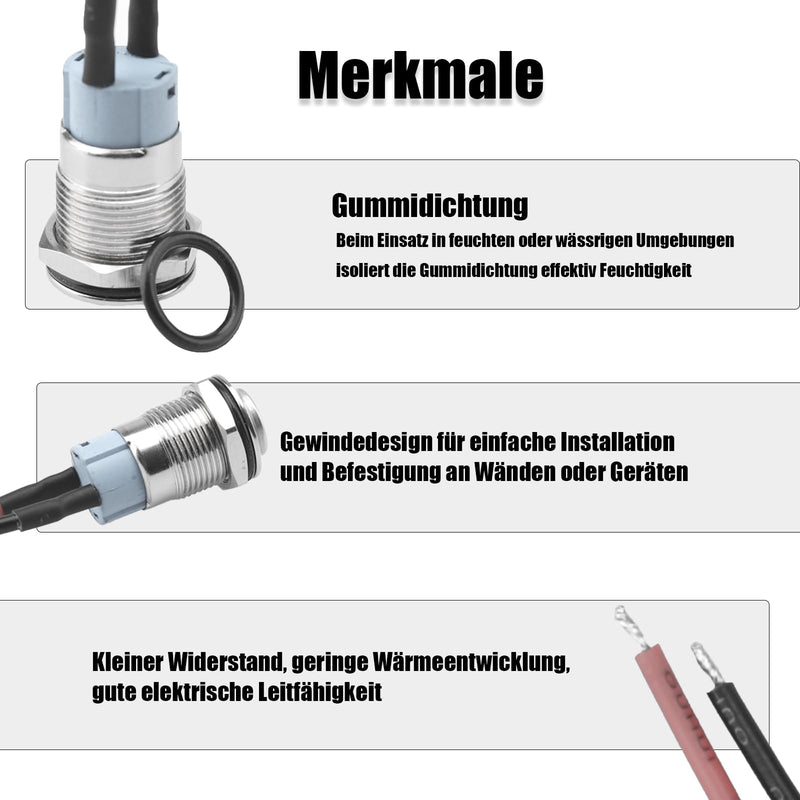 [AUSTRALIA] - Powice 2 x 12 mm waterproof switch, pressure switch, self-locking stainless steel button switch, 12 V/230 V, suitable for horns, car bells, cars etc. with 20 cm connection cable (protruding) Protruding self-locking switch 