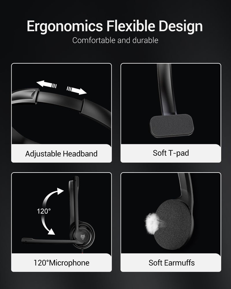 NUBWO HW02 USB Headset with Microphone,Work Headset with Mic&in-line Control, Super Light, Ultra Comfort Computer Headset for Laptop pc, On-Ear Wired Office Call Center Headset for Boom Skype Webinars Black 3.5+USB
