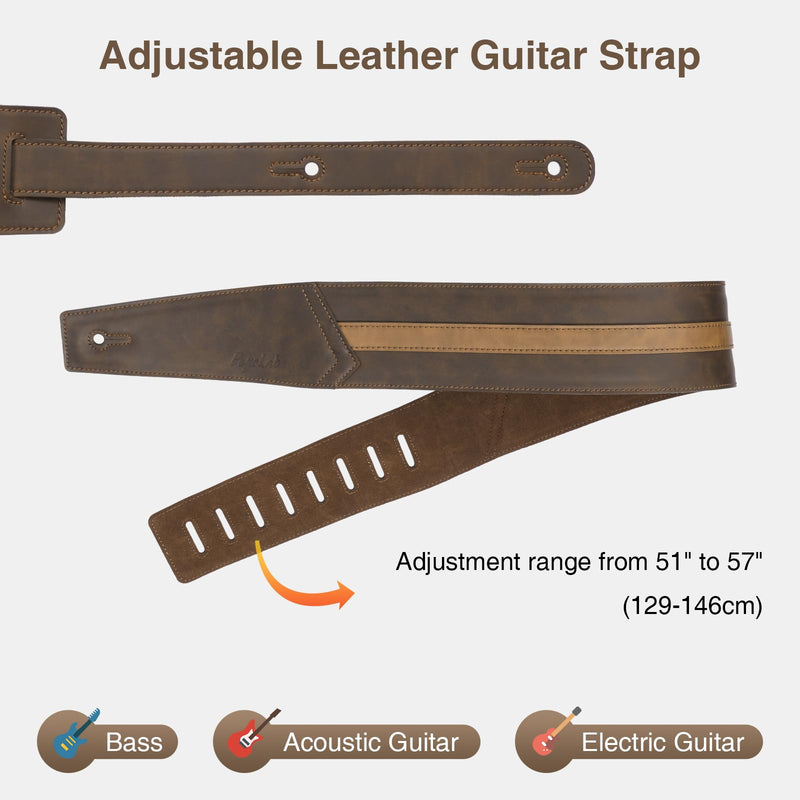 [AUSTRALIA] - Leather Guitar Strap, 3 inch Wide Comfortable Foam Cushion Padded Bass Strap, Adjustable Length from 51" to 57", with Strap Locks & Picks, for Bass/Electric/Acoustic Guitar (Brown) 