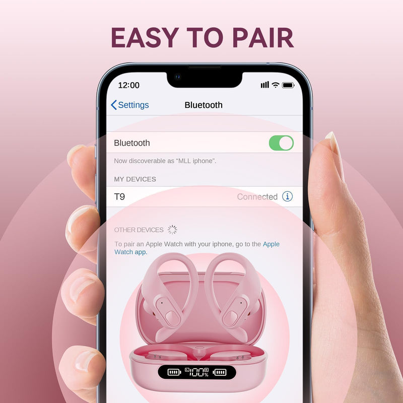 occiam Active Noise Cancelling Wireless Earbuds Bluetooth Headphones Ear Buds 96Hrs Playback Clear Call Waterproof Earphones with Ear Hook Microphones for Sport Running Pink