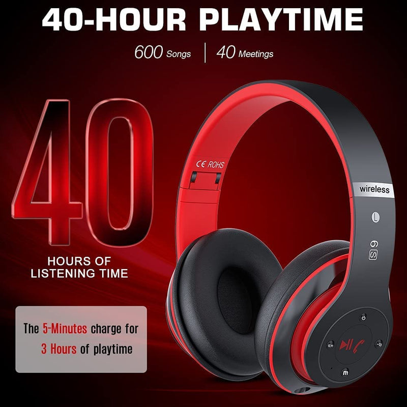 6S Bluetooth Headphones Over-Ear, Hi-Fi Stereo Foldable Wireless Stereo Headsets Earbuds with Built-in Mic, Volume Control, FM for iPhone/Samsung/iPad/PC (Black & Red) Black & Red