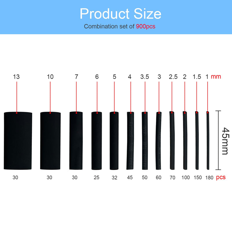 Gentpovth 900 Piece Heat Shrink Tube Set, Heat Shrink Tubing Assortment Ratio 2:1, 45 mm Length with 12 Different Sizes, for Electrical Insulation, Cable Repairs and Wire Connections