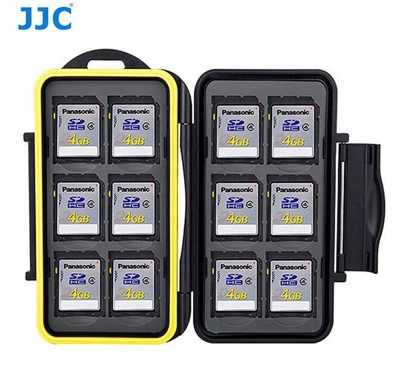 JJC MC-SD12 Ruggard SD Card Case, Shockproof SD Card Case, Water-Resistant SD Card Case, Rubber Sealed Ergonomic Locking Easy Carrying Memory Card Case Fits 12 SD Cards Black