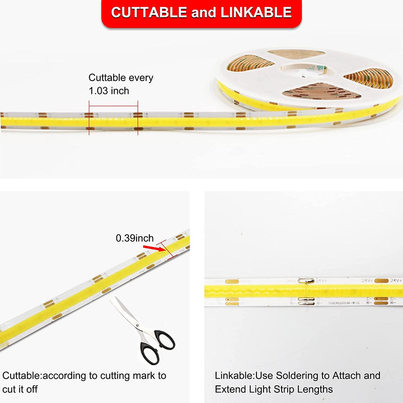 CCT COB LED Strip Light 16.4ft, Tunable White Warm White to Cool White LED Strip, 608LEDs/M DC24V Tape Light, CRI90+, Bluetooth App Control, Dimmable Strips for Bedroom, Office, DIY Lighting. 2700K-6500K