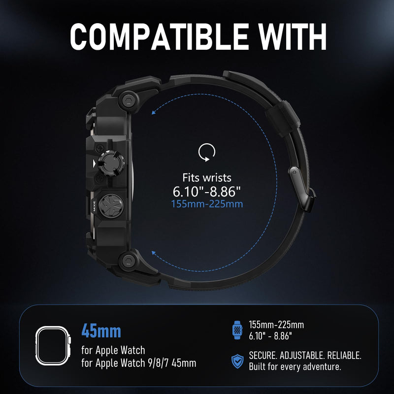 BXUXOHS Rugged Case and Band for Apple Watch Series 9/8/7 45mm Cover Men | Military-Grade Tactical Durable Case,Shockproof Metal Bumper,Mudproof Waterproof TPU Band Cover for iWatch 9/8/7 45,Black 03-Black & Titanium Black