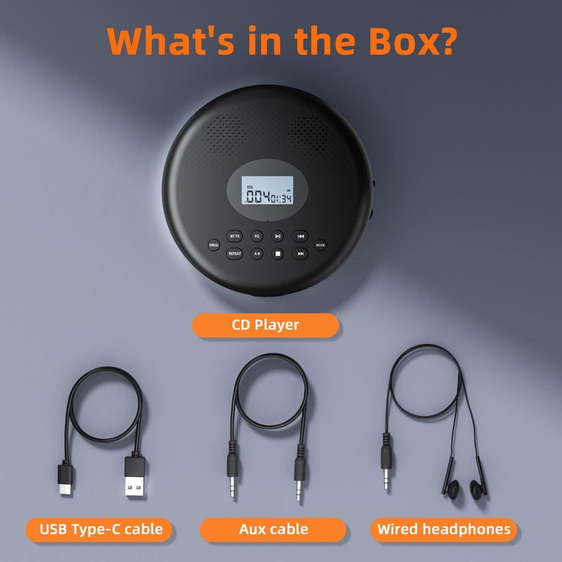 [AUSTRALIA] - Arafuna Portable CD Player with Bluetooth, Rechargeable CD Player for Car/Home with Headphones, Anti-Skip, LCD Display, AUX/TF Card Port (Black) Black 