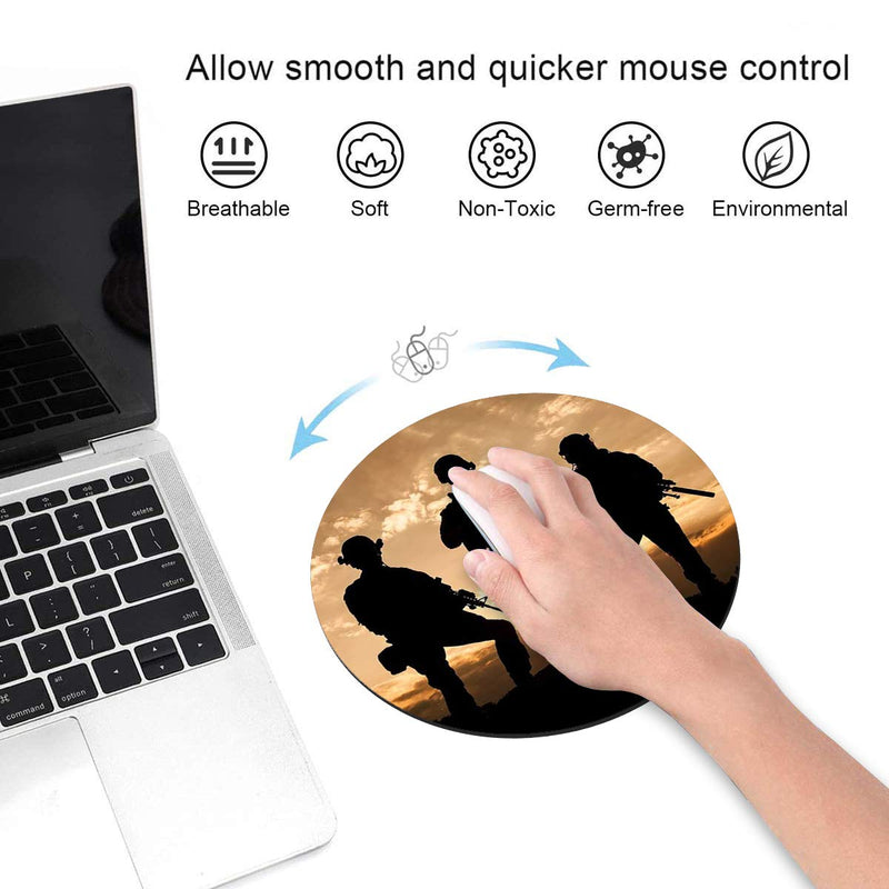 Round Mouse Pad with Coasters Set, American Army Troops Military Design Mouse Pad, Non-Slip Rubber Base Mouse Pads for Laptop and Computer Office Accessories