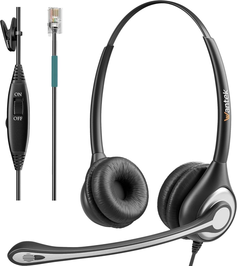 Wantek RJ9 Telephone Headset with Microphone Noise Cancelling, Office Phone Headset Compatible with Plantronics S12 Polycom VVX310 VVX410 VVX411 Avaya 1416 ShoreTel 230 Allworx NEC Landline Phones