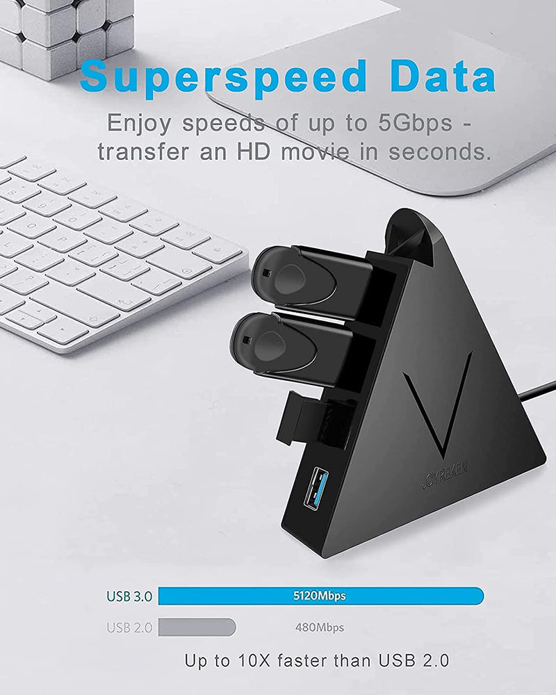 JoyReken 4-Port USB 3.0 Hub, FlyingVHUB Vertical Data USB Hub with 2 ft Extended Cable, for Mac, PC, Xbox One, PS4, PS5, iMac, Surface Pro, XPS, Laptop, Desktop, Flash Drive, Mobile HDD Black
