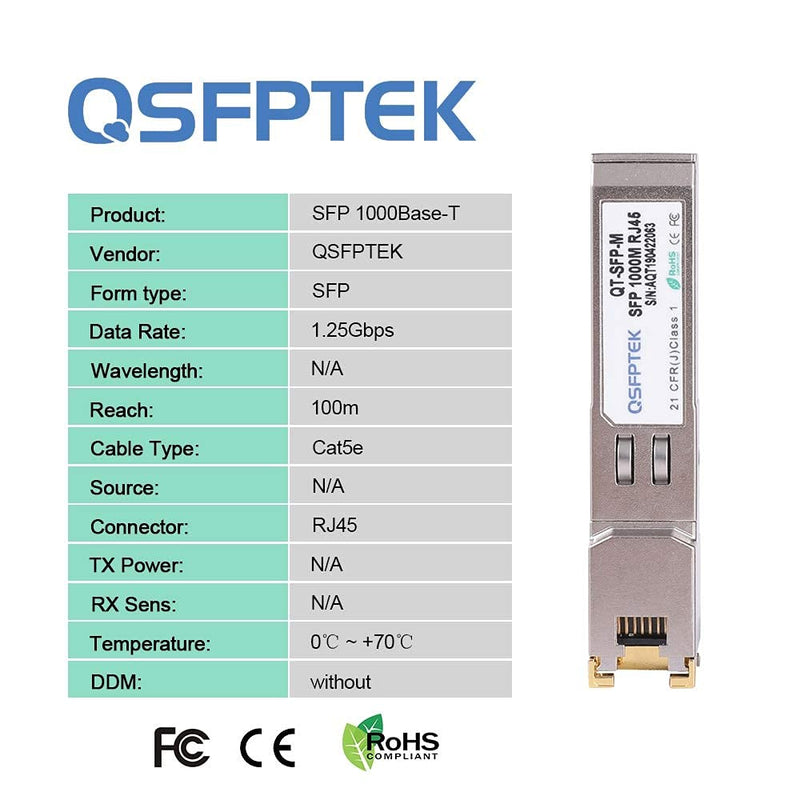 1000BASE-T SFP to RJ45, 1.25G SFP-T Gigabit SFP Copper RJ45 Module Mini GBIC Transceiver for Ubiquiti UF-RJ45-1G, Supermicro, Netgear, Broadcom, Other Open Switches, up to 100m 1000Base-T: 100m
