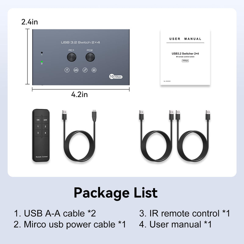 USB 3.2 Switch 2 Computers Share 4 USB Devices with IR Remote 4 Port Hub USB KVM Control 10Gbps Data Sharing for Keyboard Mouse Printer Scanner Gray