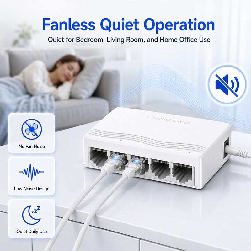5 Port Gigabit Ethernet Switch, Unmanaged Network Switch, White | 10/100/1000Mbps Plug and Play Ethernet Splitter Hub, Compact White Fanless LAN Hub for Desktop, Home Office, Gaming and TV 5 port
