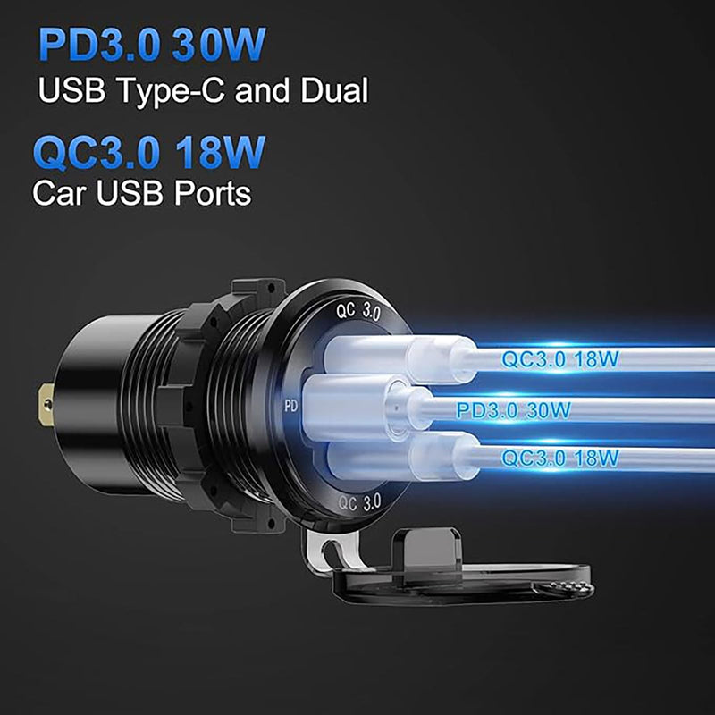 2 Pack 12V USB Outlet Wire Aluminum Car Charger Multi Port, Dual Quick Charge 3.0 Port and PD USB C Socket with Voltmeter Switch for Car Boat Marine Truck RV, Fast Charge for Phones lPad, etc. pack of two