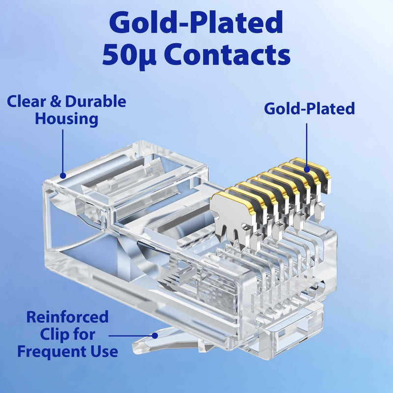 Cyberguys! CAT6 UTP Pass Through RJ45 Connectors – 200-Pack | Gold-Plated 50μ 8P8C Modular Plugs, Supports 24–25AWG Ethernet Cables, 10Gbps High-Speed Network Ends, Easy Install 200 Pack