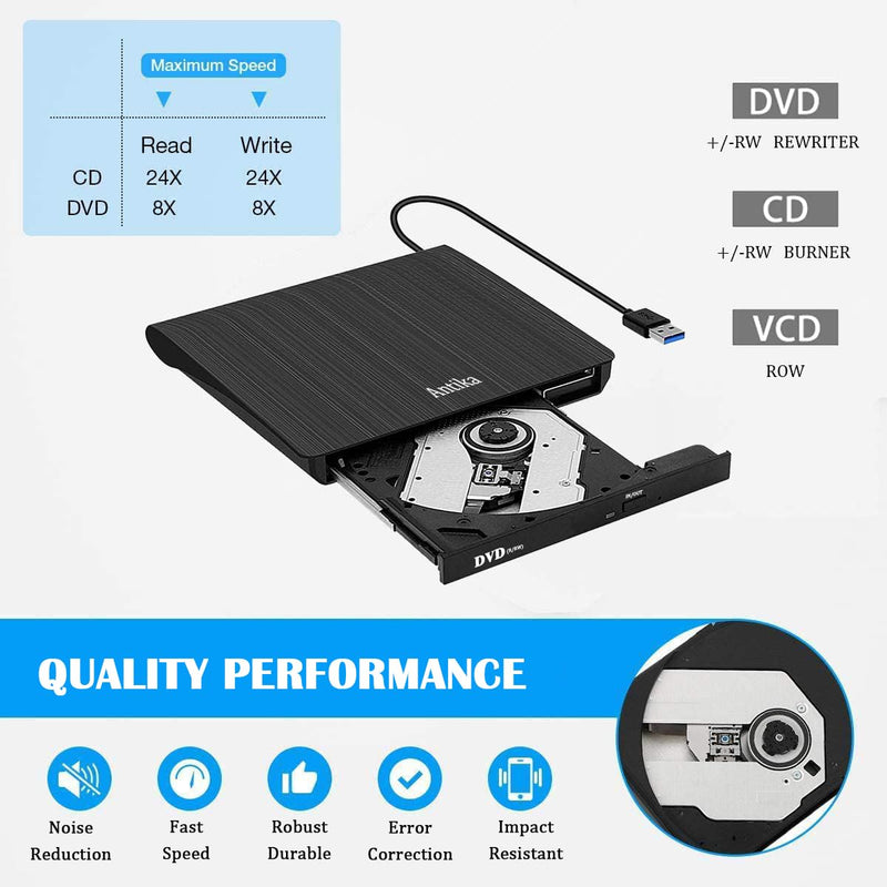 Antika External CD Drive USB 3.0 Portable Slim External DVD Drive CD DVD +/-RW ROM Burner Writer/Player for MacBook Pro Laptop/Desktops Win 11/10/7/8.1 (Black) Black