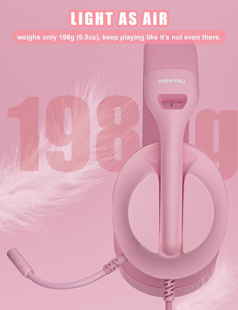 [AUSTRALIA] - WIRWTRU S30 Gaming Headset with Microphone,198g Lightweight Design, Wired Gaming Headphones for Xbox, Xbox Series X|S, PS5, PS4, Switch, PC, Noise Cancelling Mic, Soft Earmuffs (Pink) Pink 