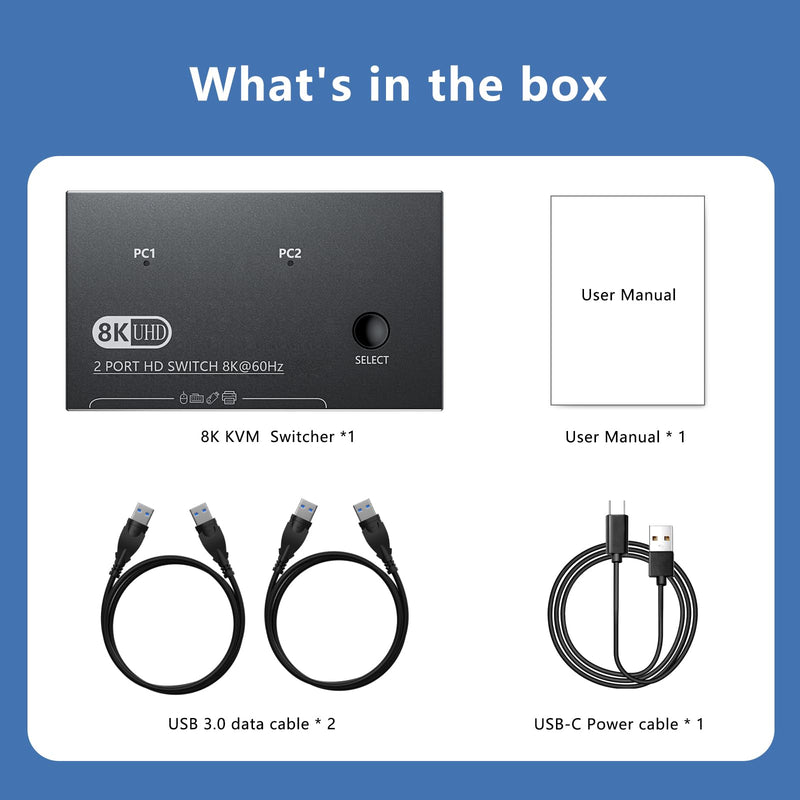 8K@60Hz KVM Switch 1 Monitors 2 Computers - 8K Hd Mi KVM Switcher for Two Computers with 4 USB 3.0 A/C Port Share One Monitor Keyboard Mouse Printer U-Drive, with EDID Adaptive and 2*USB Cables