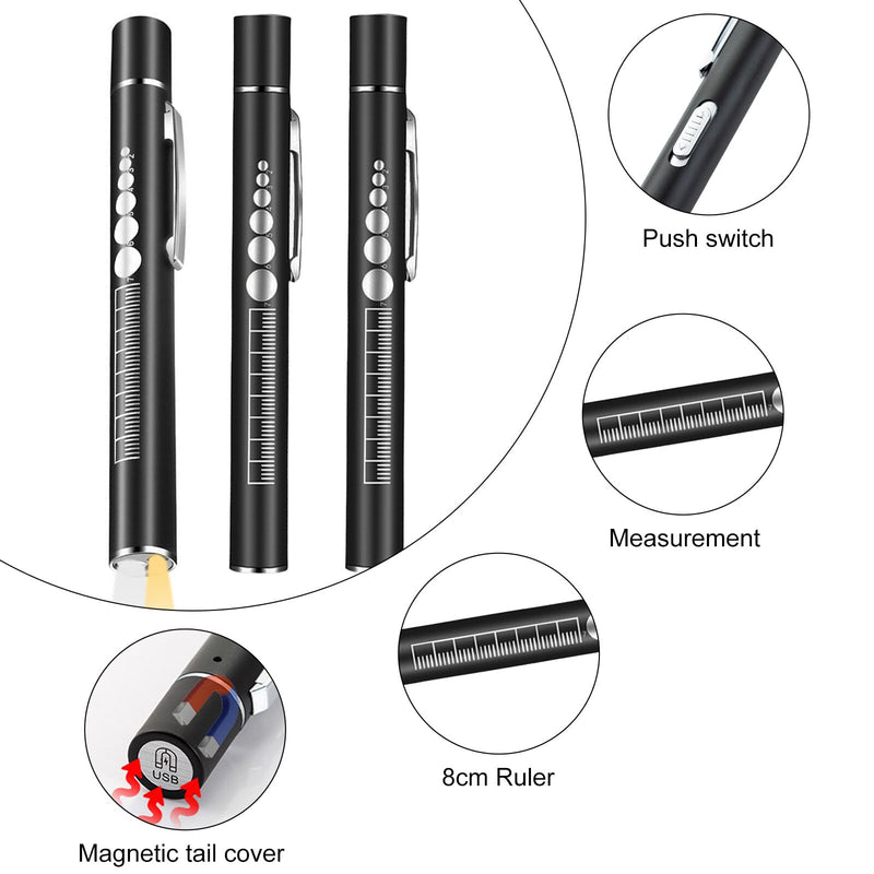 Pack of 3 Pupil Light Medicine Diagnostic Light Rechargeable USB Pen Lamp Pupil Light Emergency Service Accessories with Pupil Meter Ruler, Suitable for Nurses Doctors