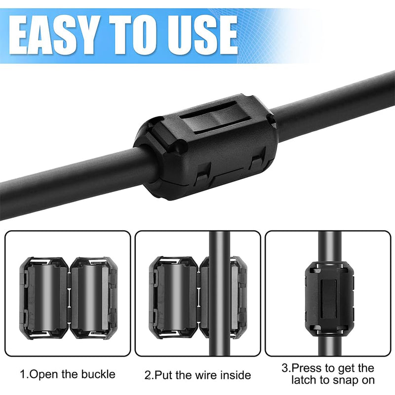 Ferrite Cores - Pack of 15 Ferrite Cores for Cables, Power Cable, USB, Coils, Inner Diameter 3.5 mm, 5 mm, 7 mm, 9 mm, 13 mm, Black Folding Ferrite Noise Reduction