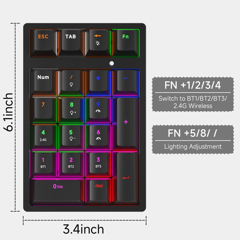 Wireless Numeric Keyboard | Mechanical Number Pad with RGB LED Backlit Wireless 2.4G/Bluetooth 5.0/Wired USB-C Rechargeable Numeric Keypad for Win/Mac Black