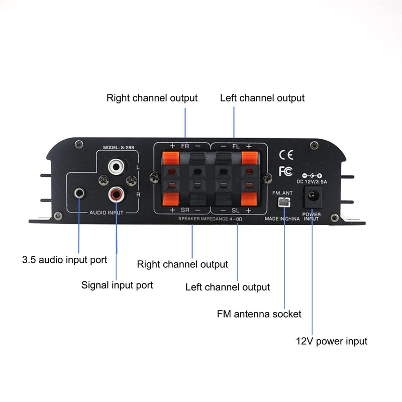 4 Channel Bluetooth 5.0 Home Audio Amplifier, 50Wx4, Max 1200W HiFi Stereo Power Amplifier USB, SD, FM Class D Speaker Amp for Home Theater Karaoke, with Power Adapter & Remote Control 4.0 CH With FM