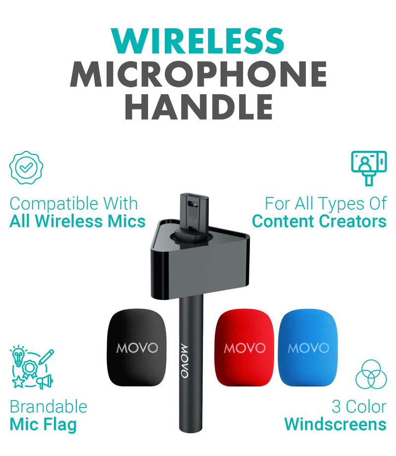 Movo WMX-HMF2 Wireless Microphone Handle with Mic Flag – Handheld Grip for DJI Mic, Rode GO II – Includes Lav Microphone Holder, Adapter & 3 Windscreens – for Interviews, YouTube & TikTok