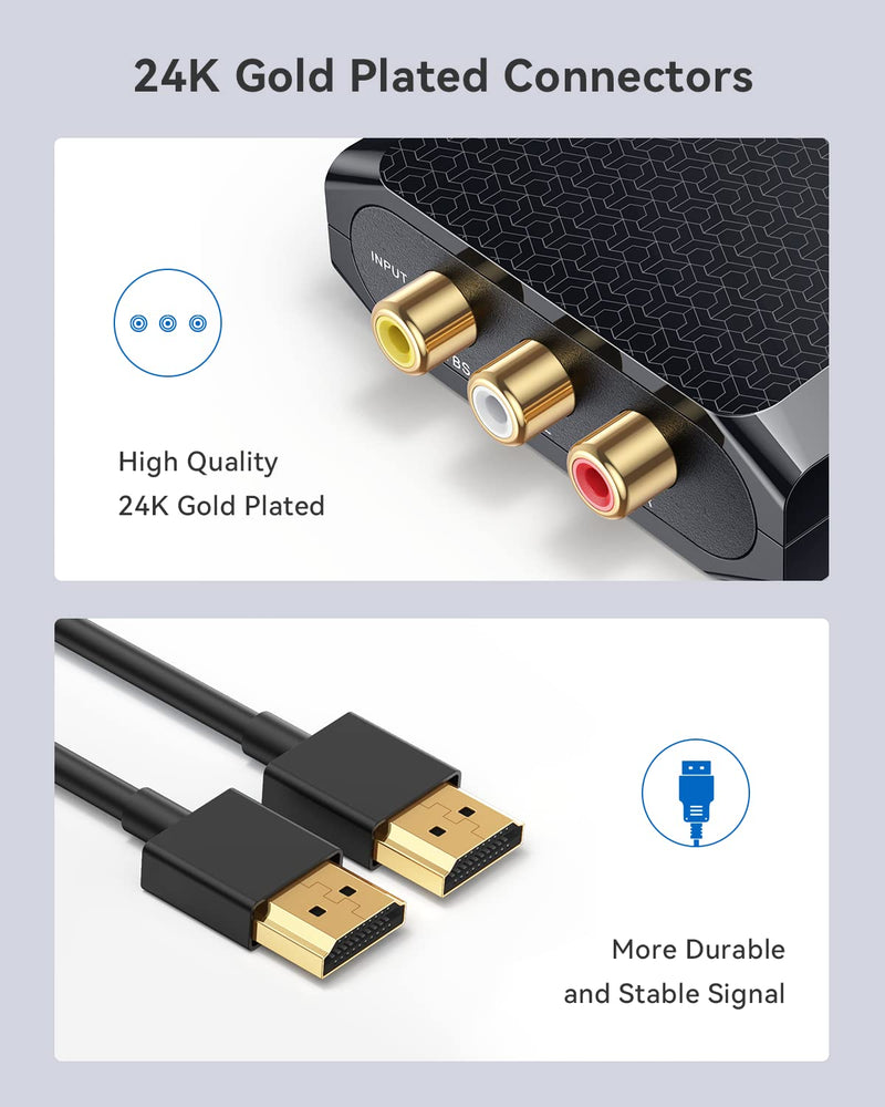 WENTER RCA to HDMI Converter, 1080P AV to HDMI Converter, Mini Composite CVBS Audio Video Adapter Supports PAL/NTSC for VCR/VHS/Xbox/PS3/STB/N64/Wii/TV/PC/Blue-Ray DVD Players RCA to HDMI Converter with RCA + HDMI cable