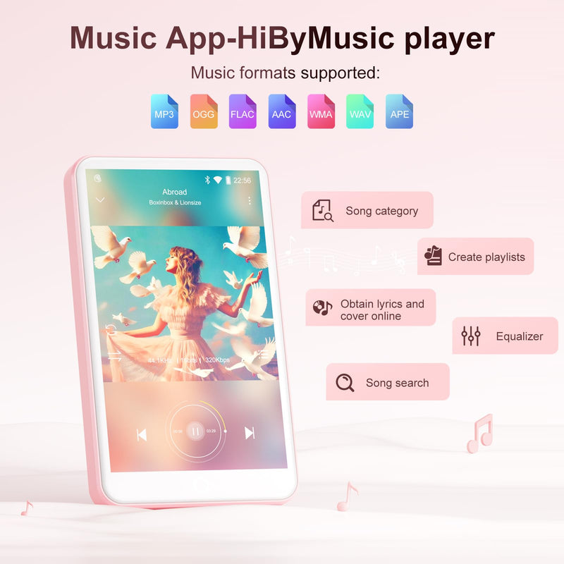 [AUSTRALIA] - 80GB MP3 Player with Bluetooth and WiFi, Android Player with Speaker Mp3 & Mp4 Music Player with Spotify, Amazon Music, Browser, Deezer, 4.0" Touch Screen, Download Music,Up to 512GB(Pink) Pink 