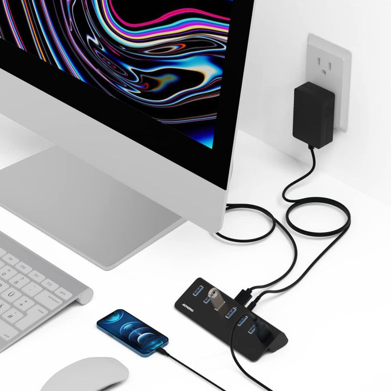 Achoro 7 Ports Powered USB HUB – 2nd Generation 10GB Super Speed External USB Port – USB 3.2 Aluminium USB Hub for Computer, Mac, PCs, Smartphone & Tablets – Computer Multiple USB Hub (Powered Black) POWERED BLACK
