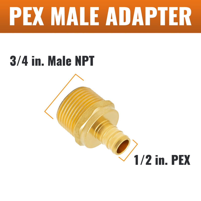 [AUSTRALIA] - SUNGATOR 6-Pack PEX 1/2" x 3/4" NPT Male Threaded Adapter Crimp Fitting, No Lead Brass 1/2" x 3/4", 6 Pack 