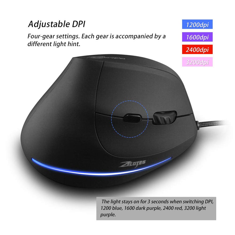 Zelotes T20 Vertical Mouse, Wired Ergonomic Mouse, 3200DPI,6 Buttons, LED Optical Mouse Mice for Computer, Laptop, PC – Black