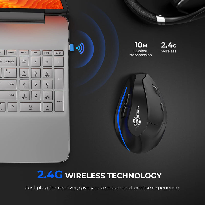 ECHTPower Rechargeable Ergonomic Mouse, 2.4G Wireless Vertical Mouse-Reduce Wrist Pain, 3 Adjustable DPI 2400/1600/1000, 6 Button, LED Wireless Mouse for Laptop, Computer, Desktop, Windows, Mac OS