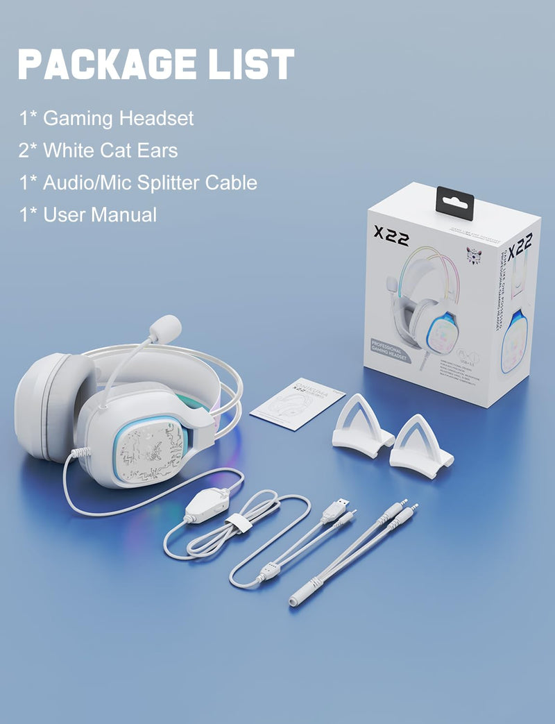 Gaming Headset with Microphone, RGB Lights, Detachable Cat Ear, Lightweight Over-Ear Headphones with Adjustable Headband for PC, PS4, PS5, Mac, Switch, Surround Sound, in-Line Control, White