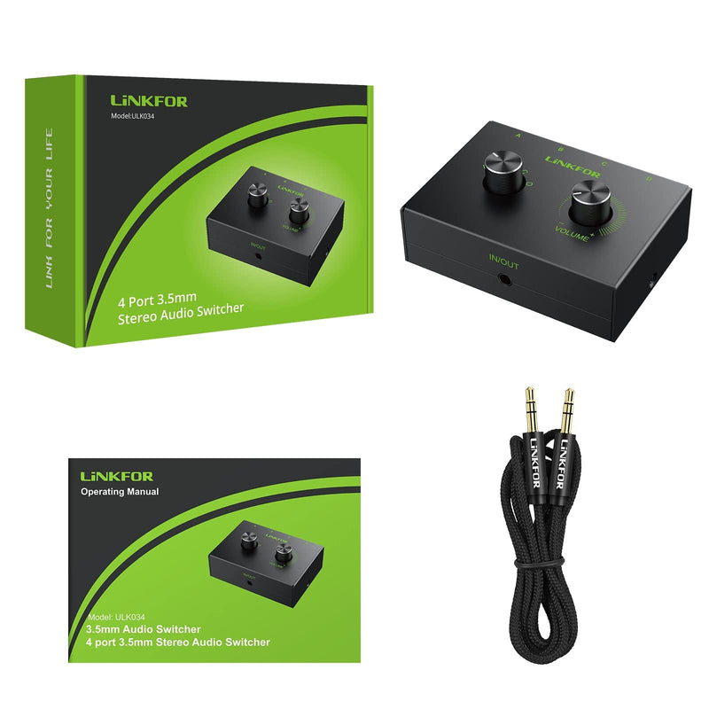 [AUSTRALIA] - LiNKFOR 4 Port 3.5mm Stereo Audio Switch, 4 Way Stereo Audio Selector, 4 Input 1 Output / 1 Input 4 Output Audio Splitter with Volume Control and 4 Channel Switch Knob 4 Ports 3.5mm 