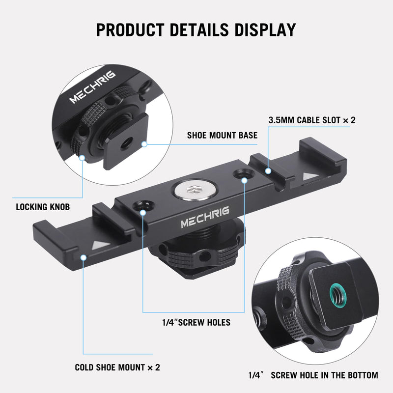 [AUSTRALIA] - Dual Cold Shoe Extension Bar Mount, Aluminum Dual Hot Shoe Mount Bracket with 1/4" Thread & Cable Slot, Cold Shoe Bracket for DSLR Camera LED Video Light Microphone Monitor (62034) 