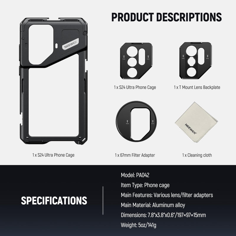 NEEWER S24 Ultra Phone Cage with 67mm Filter Adapter, 17mm Lens Backplate, T Mount Lens Adapter, Cleaning Cloth, Smartphone Video Rig Stabilizer Compatible with Samsung Moment T Series Lenses, PA042