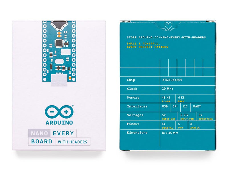 Arduino Nano Every with headers [ABX00033] – Compact ATmega4809 Microcontroller with Micro USB, 20 Digital I/O, 6 Analog Inputs, and Easy Prototyping for DIY Projects
