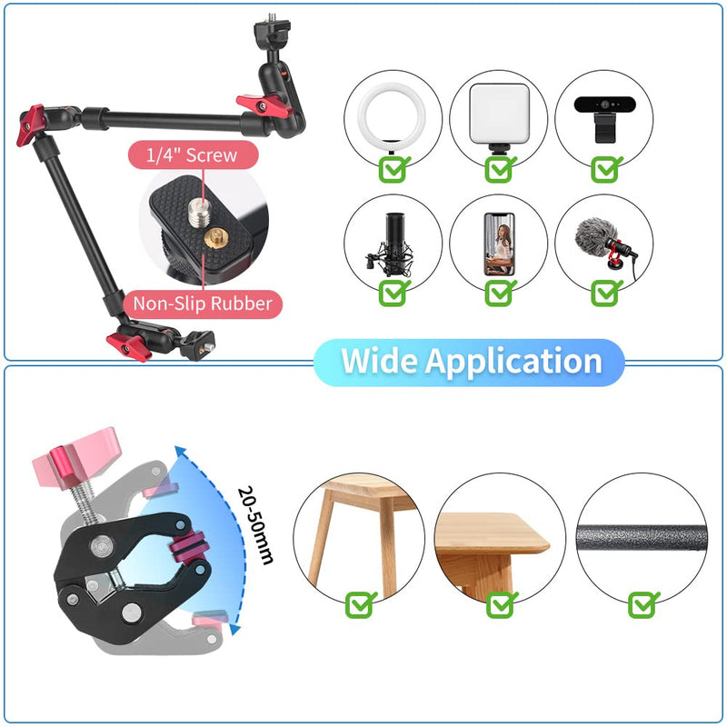 Upgraded 22in/57cm Adjustable Articulating Friction Magic Arm with 1/4" Thread & Super Clamp with Two 1/4" and one 3/8" Thread, Camera Mount for LED Light/Microphone Video Rig 22inch