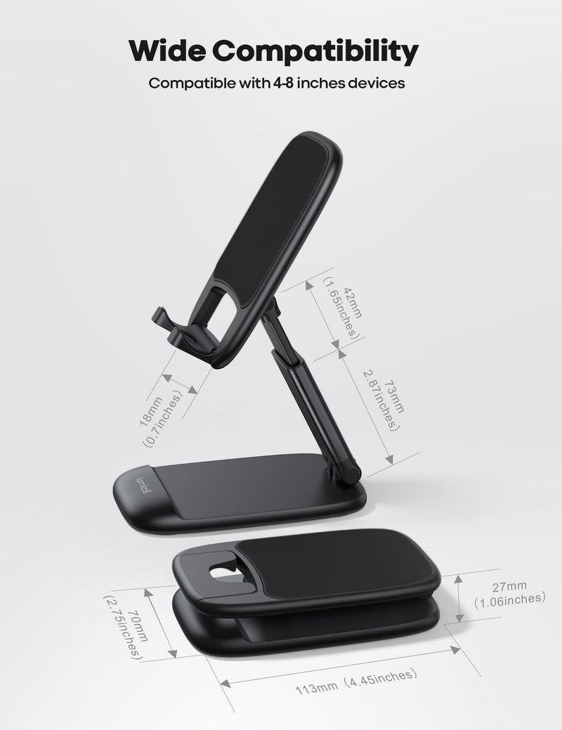 Lamicall Foldable Phone Stand for Desk - Height Adjustable Cell Phone Holder Portable Cellphone Cradle Desktop Dock Compatible with iPhone 15 14 13 Pro Max Mini, 12 11 XR X 8 7 6 Plus SE, Smartphone 1-Black