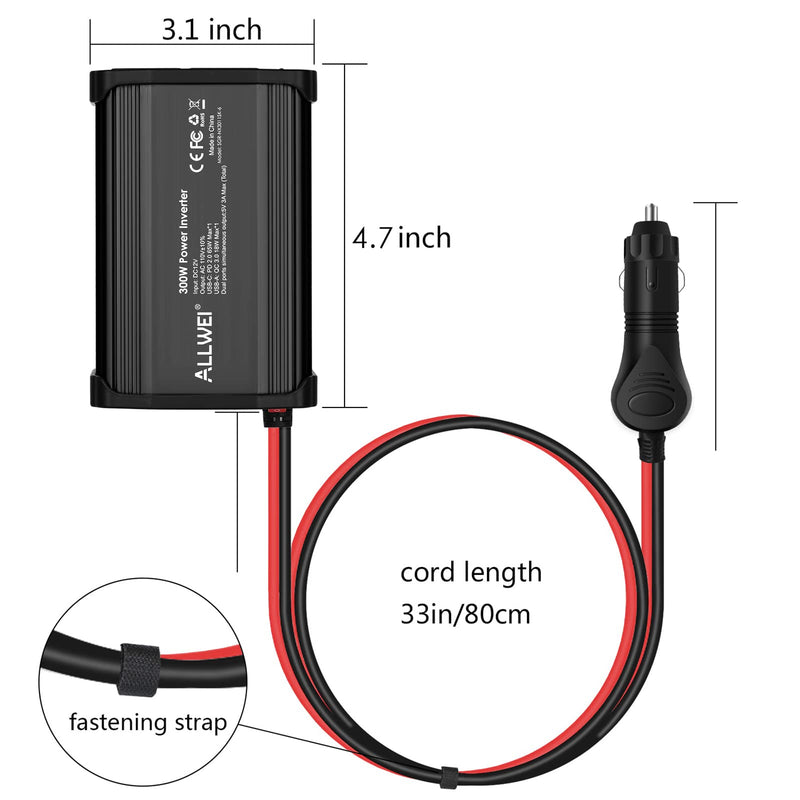 ALLWEI 300W Power Inverter DC 12V to 110V AC, Compact Car Plug Adapter Outlet with 27W PD USB-C &18W USB-A Fast Charging, Cigarette Lighter Adapter Car Charger for Phone - Red and Black