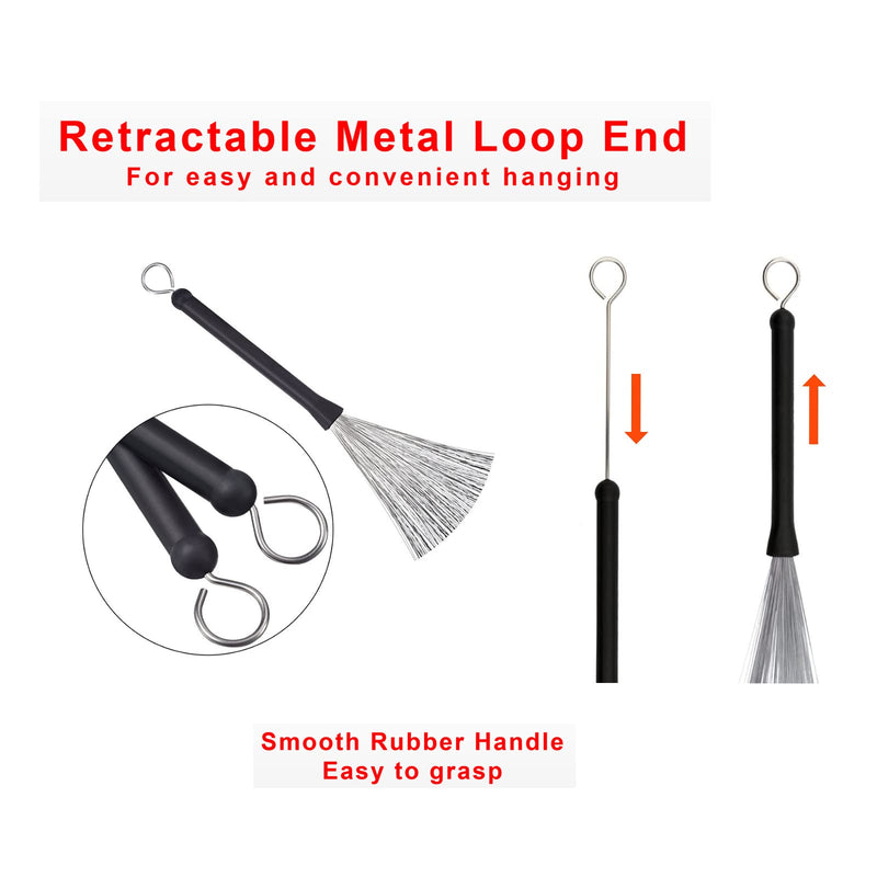 Drum Brushes Set 1 Pair Retractable Wire Brushes and 1 Pair Nylon Brushes Set with Rubber Handles for Cajon Jazz Percussion Accessories