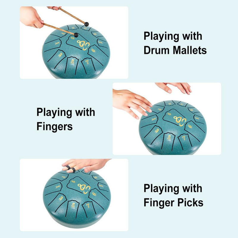 Steel Tongue Drum for Kids, 6 Inches 11 Notes Rain Drum for Garden with Music Book, Drum Mallets Meditation Rain Chime,Musical Instrument for Adults 6 Inch 11 Notes-D Major Malachite Green