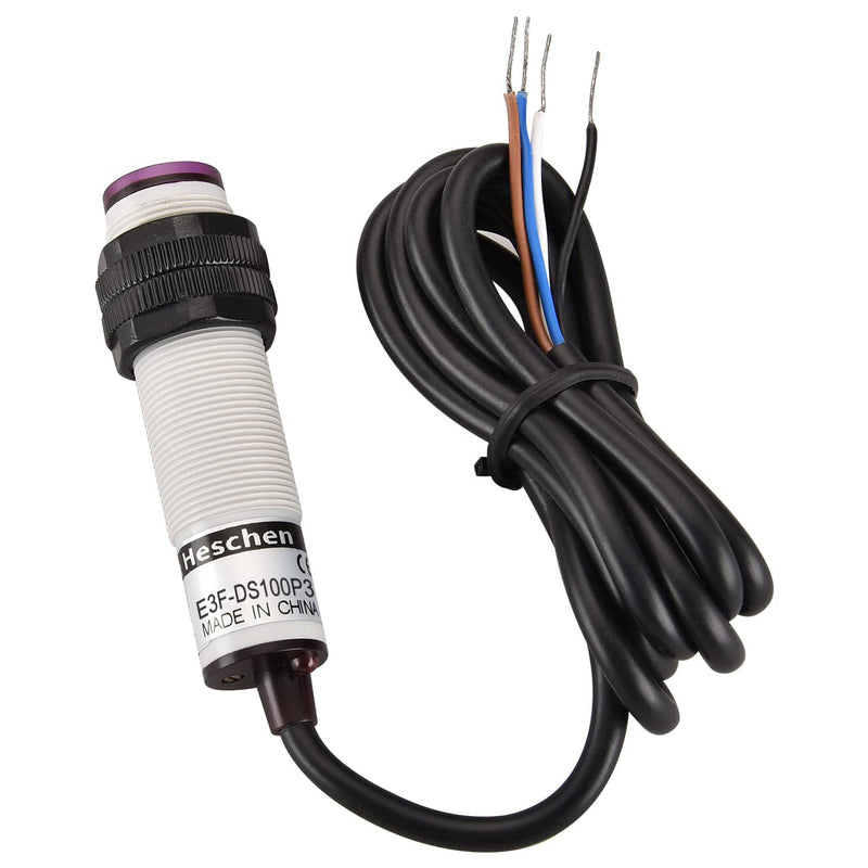 Heschen M18 Column Infrared Photoelectric Proximity Switch, Diffuse Reflection Type, E3F-DS100P3, Detection Distance 10-100CM, 10-30VDC 200mA, PNP NO+NC, 4 Wire