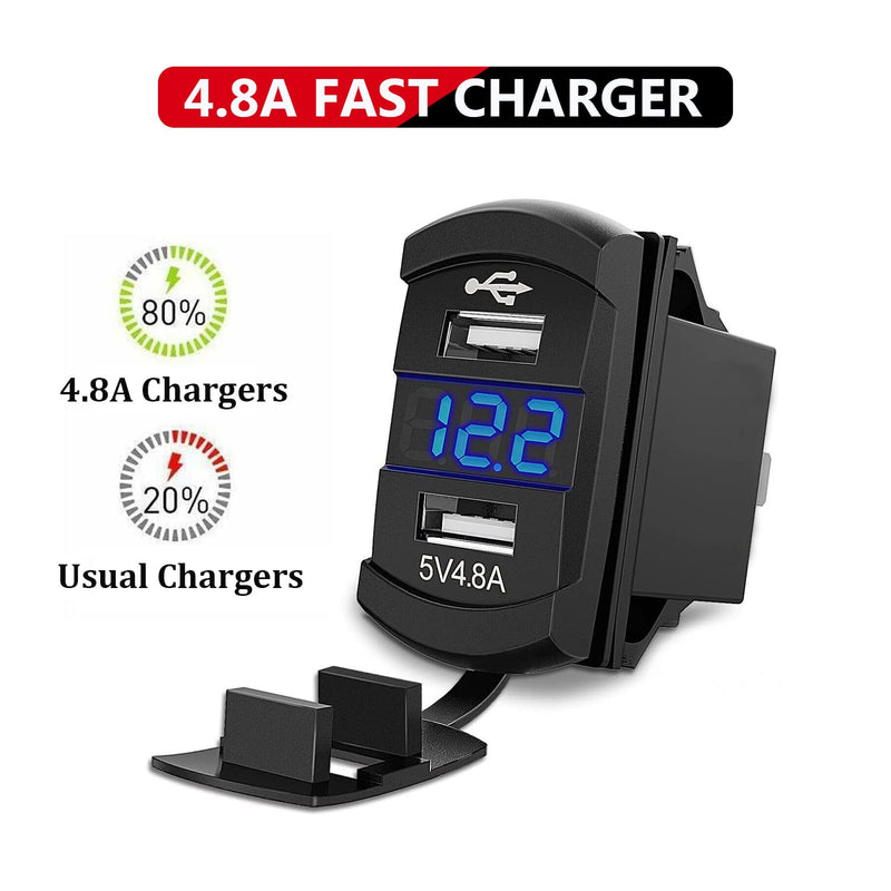 Purishion 3 Gang Rocker Switch Aluminum Panel with Voltmeter & Dual USB(4.8 Amps) Fast Charging, Blue Backlit Led, Pre-Wired IP65 Waterproof for Marine, Boat, Car, Truck, Polaris, Jeep (Blue)