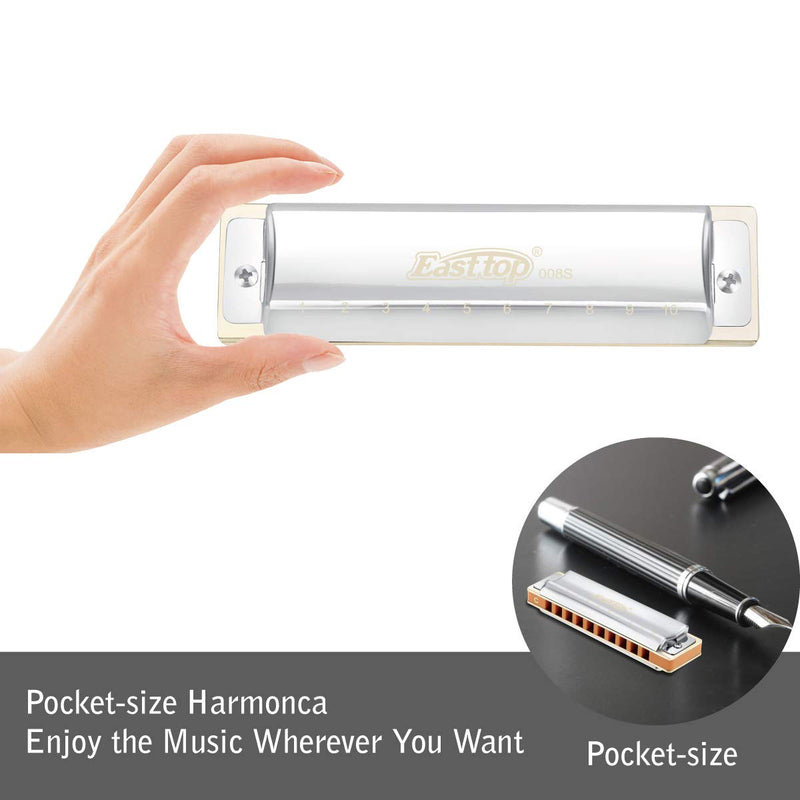 [AUSTRALIA] - East top Harmonica, Advanced Diatonic Harmonica Key of C, 10 Holes Mouth Organ Harmonica with Silver Cover, Blues Harmonicas For Adults, Professionals and Students 