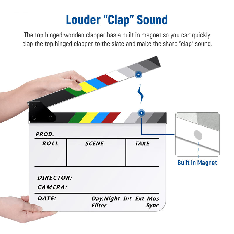 NEEWER Acrylic Film Movie Directors Clapper Board Kit, 12"x10" Plastic Movie Theater Cut Action Scene Clapboard with a Magnetic Eraser, 2 Water Based Pens, a Cleaning Cloth & L Shaped Hex Key (White) White