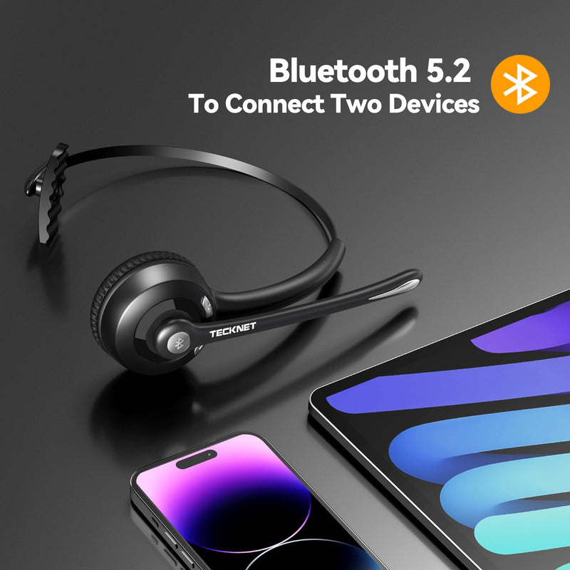 TECKNET Bluetooth Headset, Wireless On Ear Headphones with Noise Cancelling Microphone for Trucker, Hand Free Wireless Headset with Mute Mic for Phone simple configuration