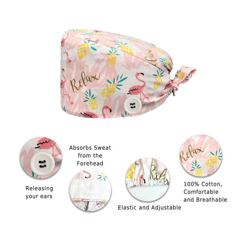 [AUSTRALIA] - Siribelle Surgical Caps, Women's Men's Cotton Surgical Hat, Adjustable Chef's Hat, Long Hair, Dentist Chef Unit size Pink Flamingos 