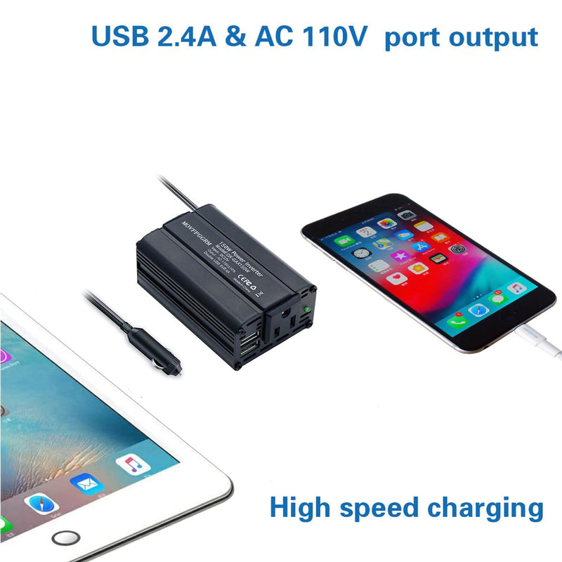 [AUSTRALIA] - 150W Power Inverter 12V DC to 110V AC Car Plug Adapter Outlet Converter with 2.4A Dual USB AC car Charger for Laptop Computer Black 