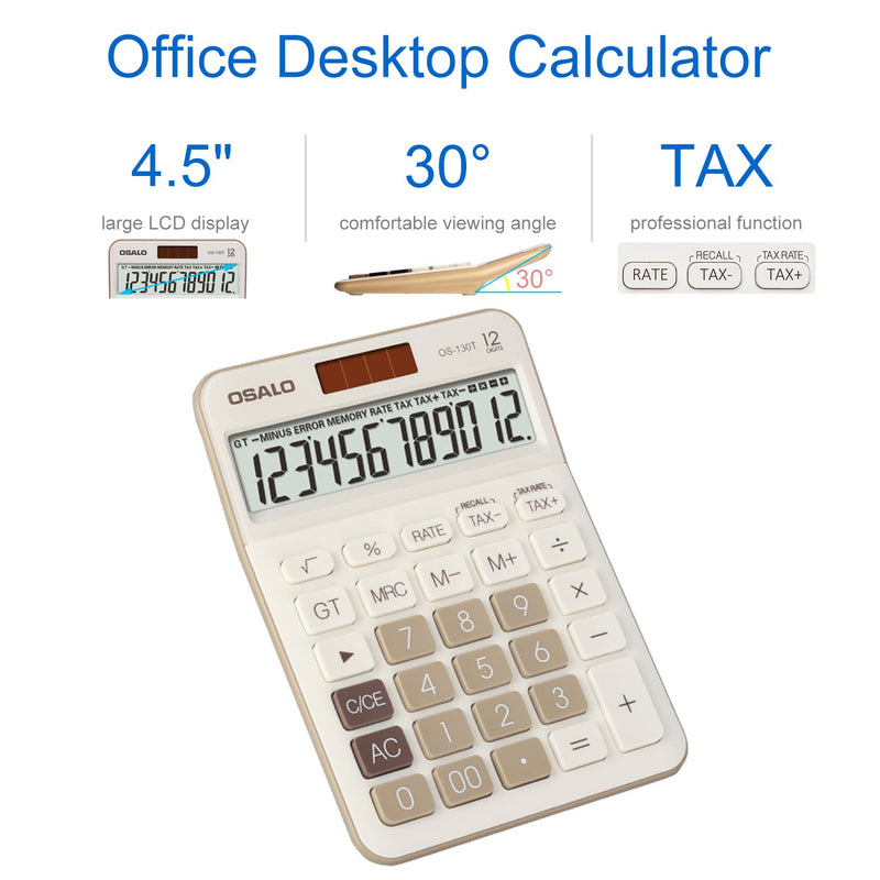 Pendancy 12 Digit Office Calculator Desktop with Tax+/- for Advanced Tax Calculation, Large LCD Display Big Buttons, Dual Power Durable Portable Design, for Financial Accounting Business Use 130T-Brown